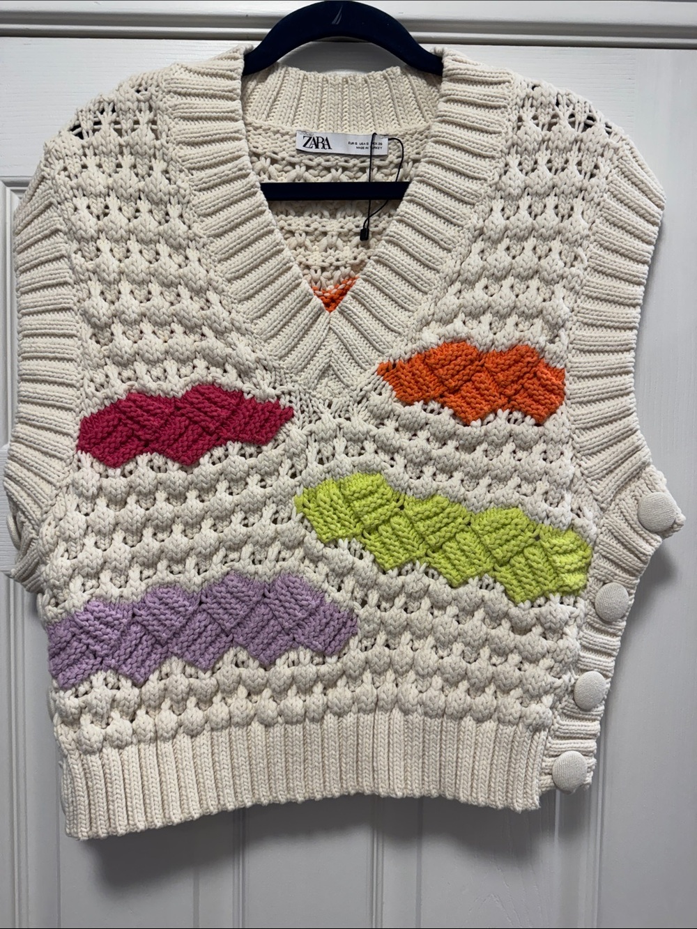 ZARA Cream Knit V-Neck Sweater Vest with Orange, Pink, Lime & Lavender Accents